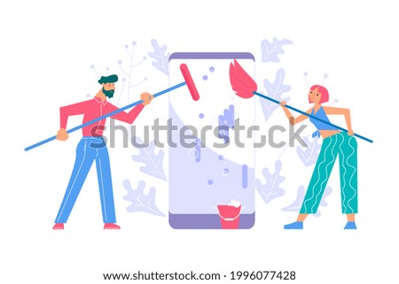 Support service is cleaning the smartphone screen. Operating system update, software updating process of online news metaphor. Flat Art  Illustration