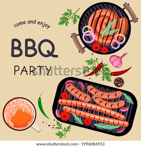 Barbecue grill banner template isolated for social media. Cookout BBQ party with grilled foods and beer. Flat Art Illustration
