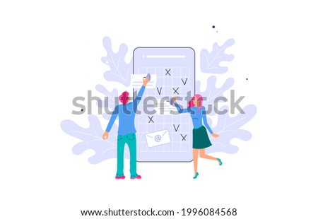Tiny people make an online schedule in the mobile application. Agenda, business organizing and time management metaphor. Flat Art Illustration