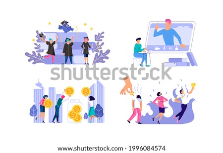 Set of higher education and studying concept. Invest money in education, college graduation, online training and career growth metaphors. Flat Art Illustration