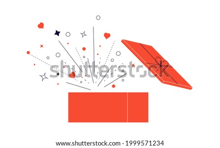 Wonder opened gift with fireworks surprise. Red gift box for holidays celebration, special give away bonus or loyalty program reward. Design element isolated on white in modern outline minimalism