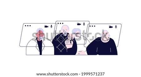Video call connecting for keep social distancing. Elderly People have online meeting. Flat Art illustration