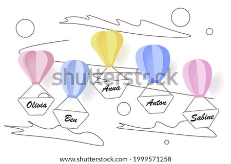 Balloons with family or friends names flying in the sky. Suitable for banner, greeting cards or postcard. Flat Art  Illustration