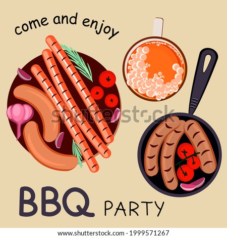 Barbecue grill banner template isolated for social media. Cookout BBQ party with grilled foods and beer. Flat Art  Illustration
