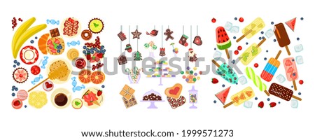Set of frame from food - sweets, pastries and ice cream. Square compositions with different foodstuffs. Flat Art Illustration.