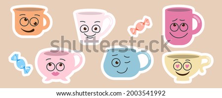 Funny cups stickers set. Cute sticky labels decorated with smile face mugs isolated. Flat Art Illustration