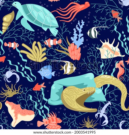 Seamless underwear pattern with life elements, tropical animals, corals and fishes. Undersea fauna, sea world dwellers, coral reef inhabitants in their natural habitat. Flat Art illustration.