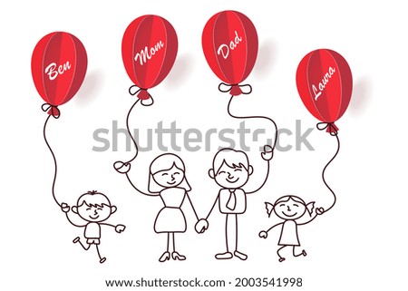 Happy family holding red balloons with their names. Suitable for banner, greeting cards or postcard. Flat Art Illustration