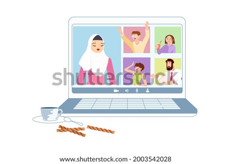 Different People taking part in video conference on distance. Laptop with online meeting. Flat Art Illustration