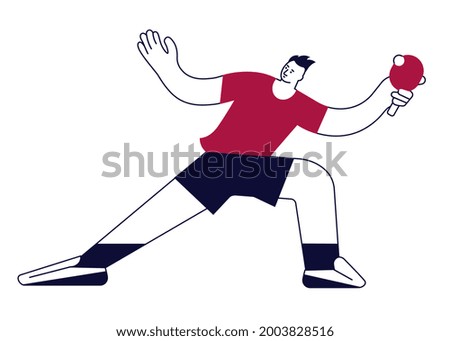 Ping Pong player in red t-shirt serving the ball isolated on white background. Male sportsman in modern outline minimalist design. Flat Art Illustration