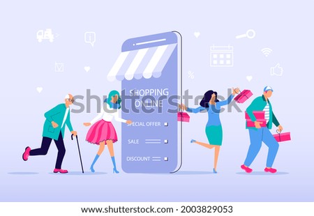 Ecommerce retail on device for customer application on blue background. People going for shopping to smartphone and go out happy with bags after deals. flat illustration