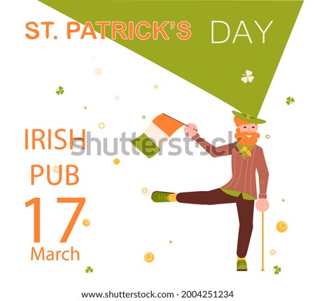 Saint Patricks Day invitation card. Joyful leprechaun with Irish flag dancing. Flat Art illustration