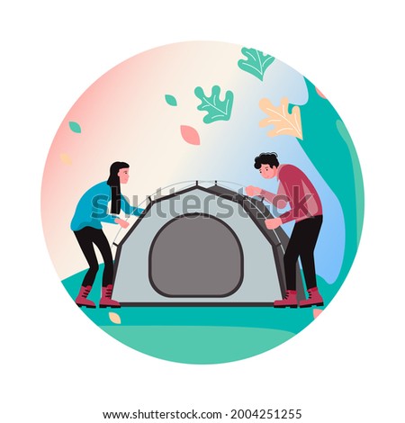 Hiking trekking and camping in nature Social Media highlight icon. Happy man and woman backpackers hikers travel together. Flat Art Illustration