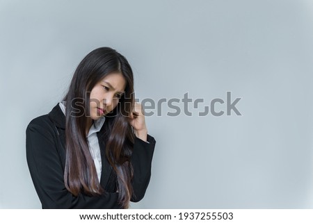 Portrait of beautiful asian business woman wear white shirt on white background,Thailand people,Woman think concept