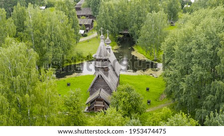 Russia, Kostroma. Kostroma Sloboda. Traditional Russian houses and churches, Aerial View