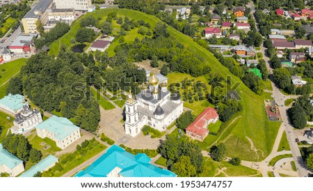 Dmitrov, Russia. Cathedral of the Assumption of the Blessed Virgin Mary - located in the Dmitrov Kremlin. An architectural monument of the early 16th century, Aerial View