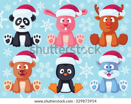 Christmas flat animals set. Contain cute vector baby animal cartoon characters with santa hat like: bear, bunny, panda, reindeer, cat and penguin.