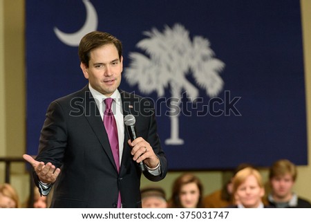 Columbia, South Carolina - February 10, 2016: Presidential candidate Marco Rubio(R) holds a political rally at the Columbia Metropolitan Convention Center with S.C. Senator Tim Scott.