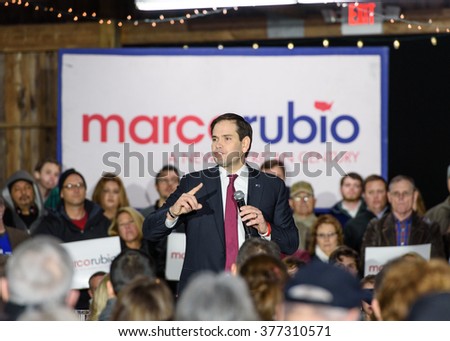 Gilbert, South Carolina - February 15, 2016: Presidential candidate Marco Rubio(R) speaks to an energetic crowd  during his Lexington Town Hall at Harmon's Tree Farm.