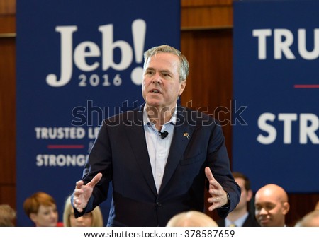 Columbia, South Carolina - February 18, 2016: Presidential candidate Jeb Bush(R) speaking during his Town Hall engagement held at the Columbia Metropolitan Convention Center.