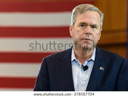 Columbia, South Carolina - February 18, 2016: Presidential candidate Jeb Bush(R) speaking during his Town Hall engagement held at the Columbia Metropolitan Convention Center.