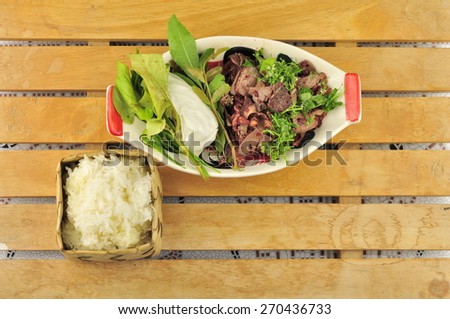 rare Sajin Beef with blood Traditional Thai food