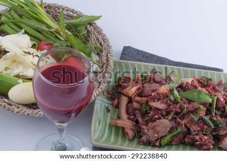 Spicy pork rare blood Thailand traditional food.