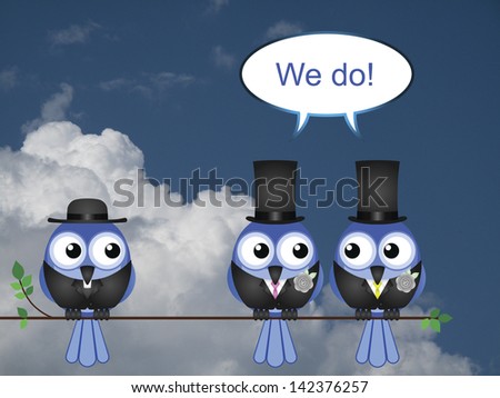 Representation of male same sex marriage against a cloudy blue sky