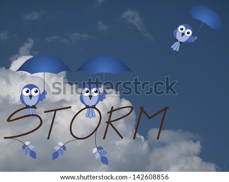 Birds with umbrellas trying to shelter from the storm