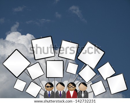 Crowd protesting with placards blank for own text against a cloudy blue sky