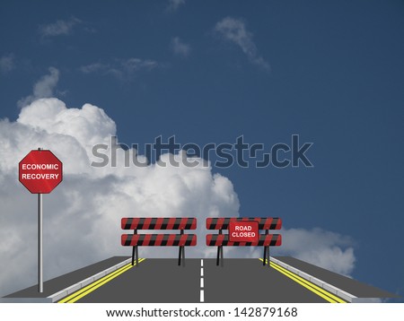 Symbolic road closed to economic recovery against a cloudy blue sky