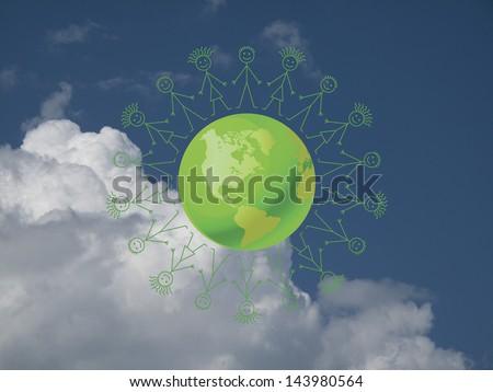 Environmental green earth surrounded by people holding hands against a cloudy blue sky