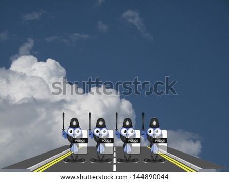 Bird riot police forming roadblock against a cloudy blue sky