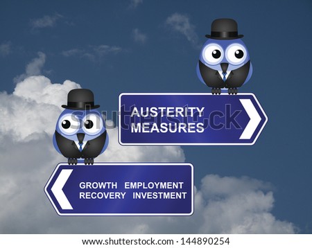 Government austerity measures signs against a cloudy blue sky