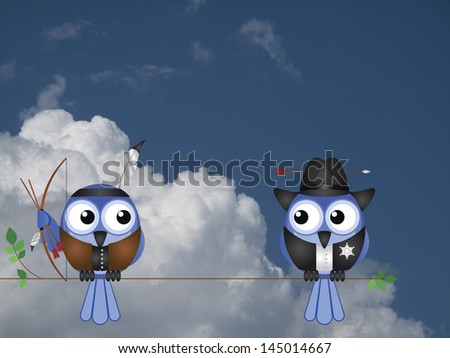 Native American and Cowboy birds sat on a tree branch against a cloudy blue sky