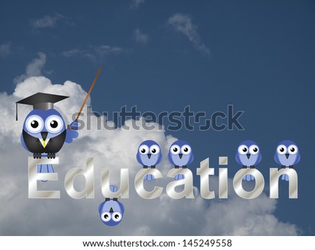 Education text and teacher bird and pupils against a cloudy blue sky