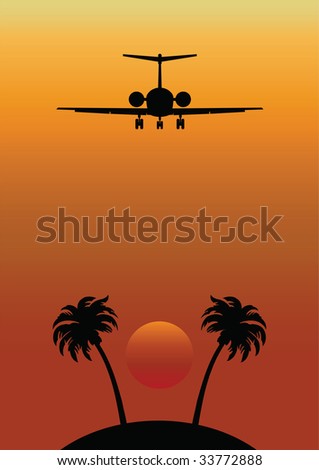 Remote Tropical Island with Airplane Flying Over