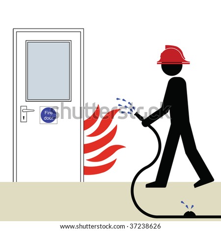 Fire door and fireman extinguishing fire on door