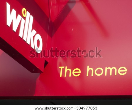 Newbury, Northbrook Street, Berkshire, England - August 07, 2015: Wilko shop sign over store entrance retails homeware and household goods owned by Tony and Lisa Wilkinson