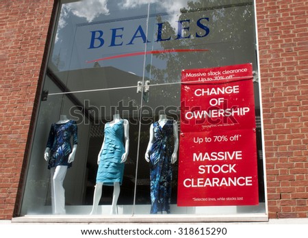 Winchester, High Street, Hampshire, England - July 31, 2015: Beales department store advertising new lines and sale, company established in 1881 founded by John Elmes