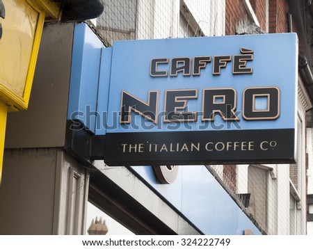 Wokingham, Peach Street, Berkshire, England - October 3, 2015: Cafe Nero Italian coffee house sign over premises
