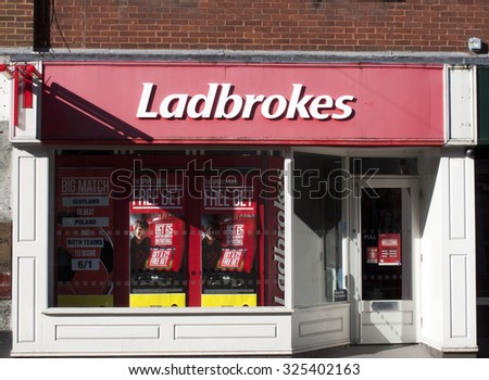 Newbury, Northbrook Street, Berkshire, England - October 10, 2015: Ladbrokes betting shop, British betting and gaming company, company was founded by Schwind and Pendleton in 1886