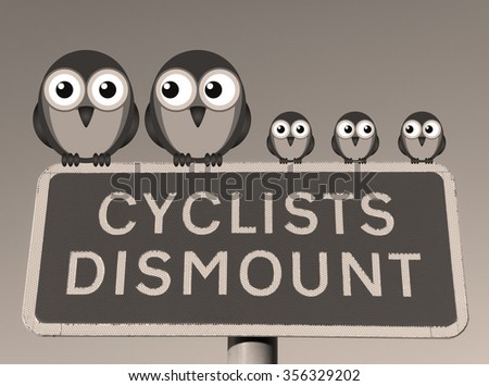 Family of birds perched on a Cyclist Dismount road sign