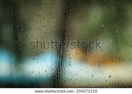 Rainy window. Summer rain. Weather template.