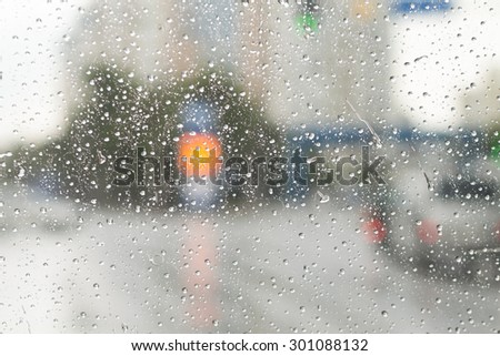 Blurry backdrop. Rainy window. View from window to cityscape. Summer autumn rain. Weather template.