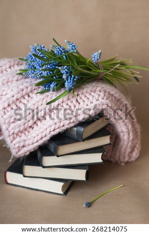 Blue flowers lie on a pile of books with pink knit scarf , decor