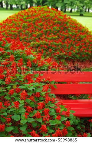 flower bed and red bench in garden