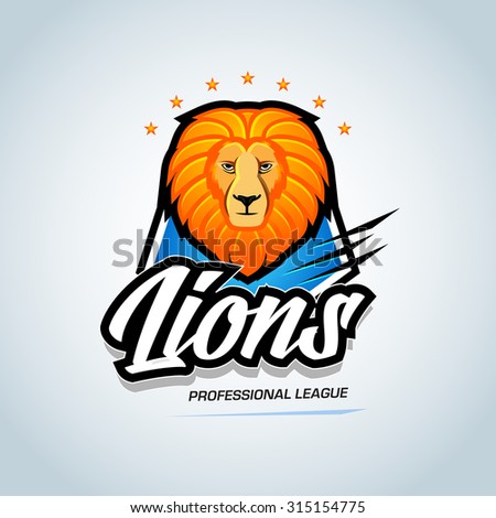 \'Lions\' sport team logo template. Lion head mascot. Sports athletic league event badge graphic, logotype, t-shirt graphic, emblem, sticker, banner, icon. Vector illustration.