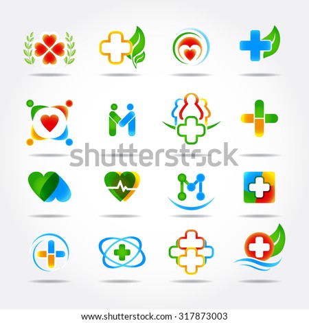 Medical pharmacy and health care logo design, icons set. Isolated vector illustrations