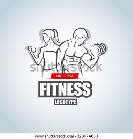 Man and woman Fitness logo template. Gym club logotype. Sport Fitness club creative concept. Bodybuilder and woman Fitness Model Illustration, Sign, Symbol, badge.